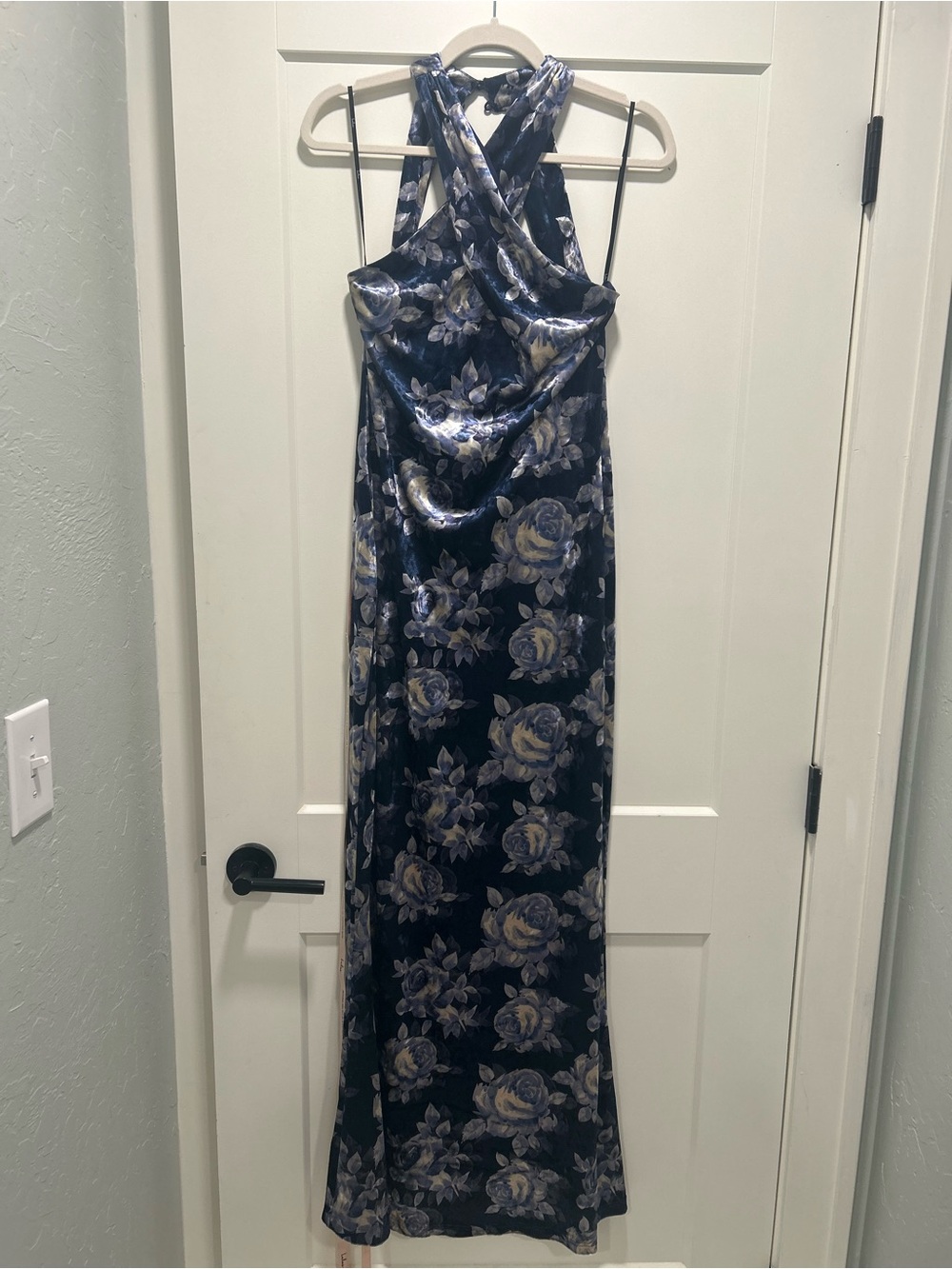 Navy Floral Satin Halter Evening Dress